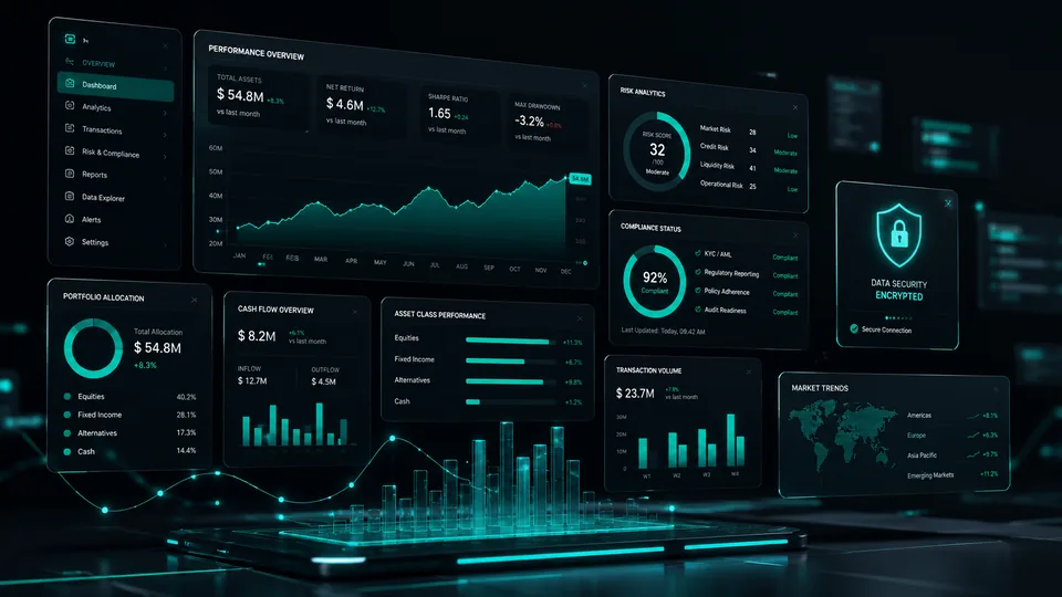 Financial services dashboard with performance and compliance analytics